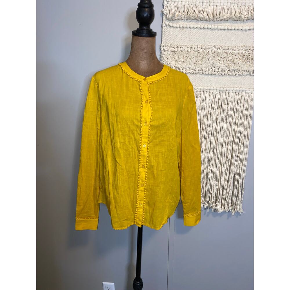 Boden Yellow Cotton Pom Trim Button Front Womens US 8 UK 12 Long Sleeve Boho Top